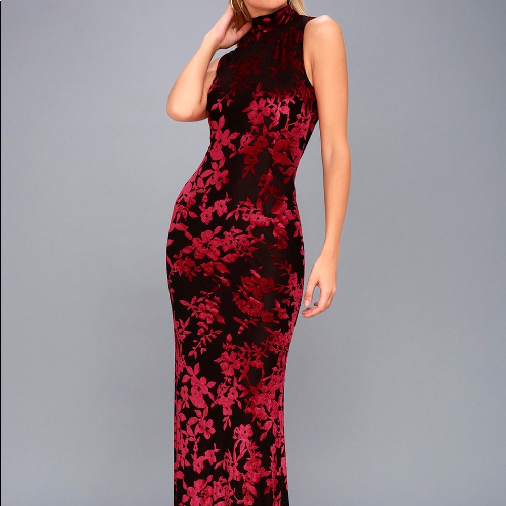 Red Velvet Flower Long Dress
